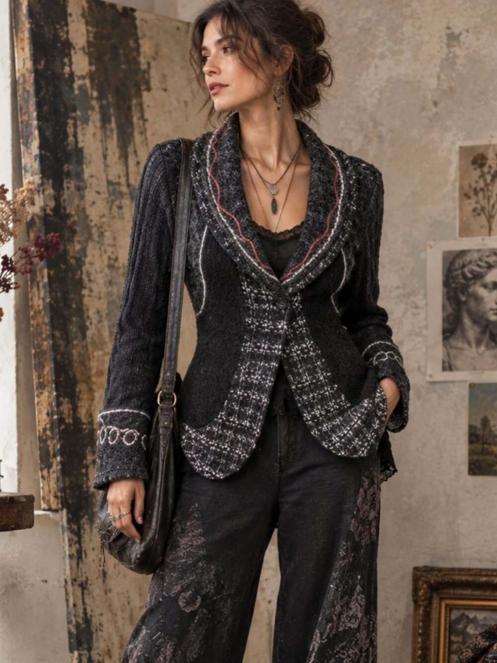 Feelings Women L Vintage Y2K Knit Cardigan Sweater Black Tweed Mohair Wool Blend